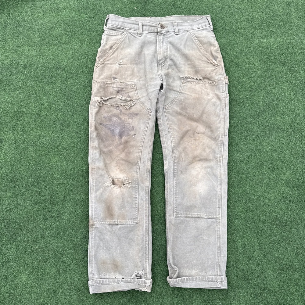 Carhartt B136 MOS Green Double Knee Dungaree Carpenter Pants 30x30 Distressed